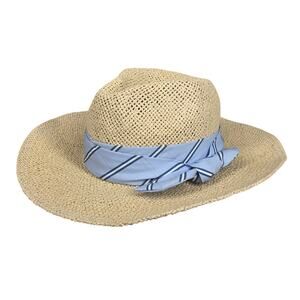 LOFT WOMEN’S STRAW SUN FEDORA HAT - SIZE S/M - BLUE STRIPED RIBBON WIDE BRIM